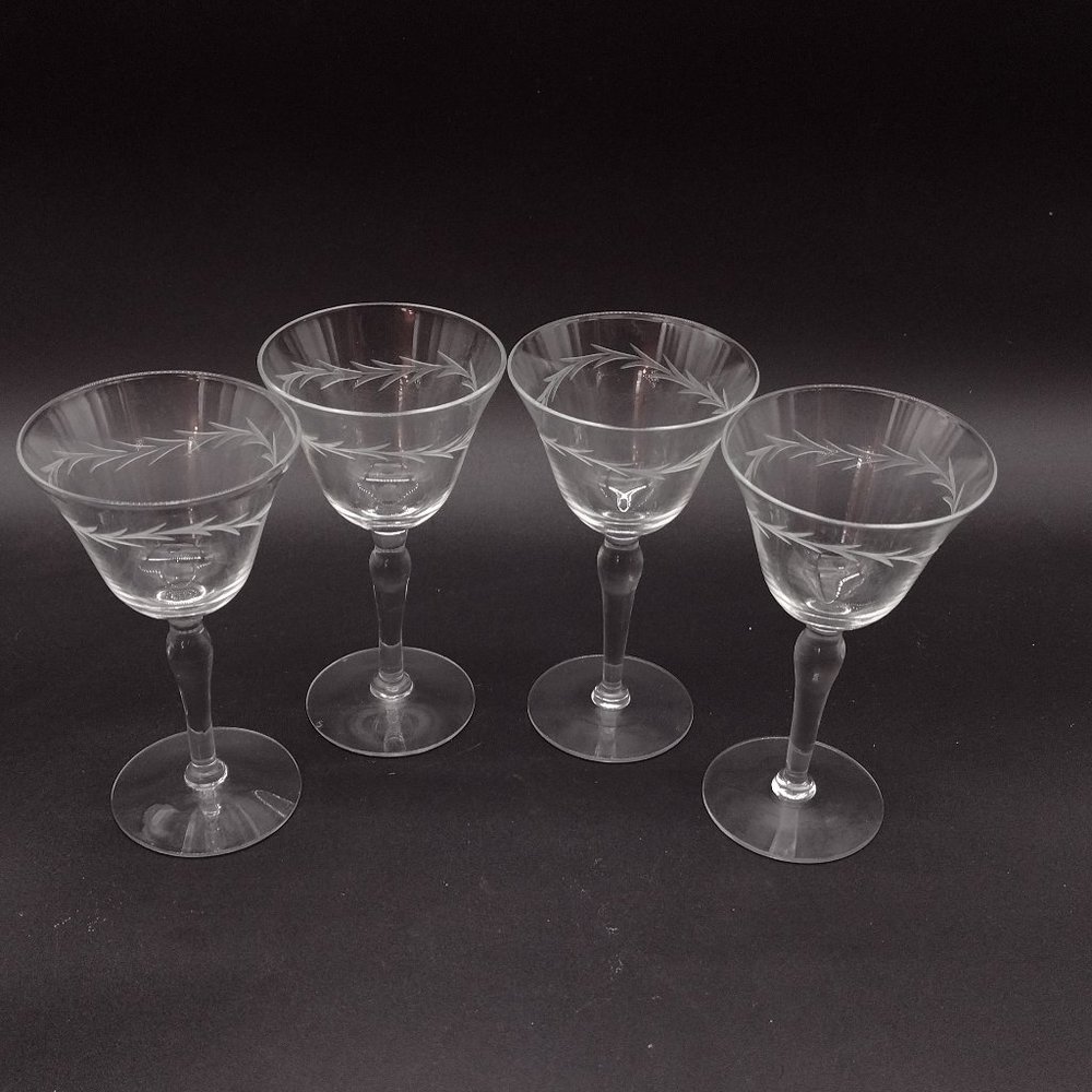 4 Etched Crystal Wine Glasses